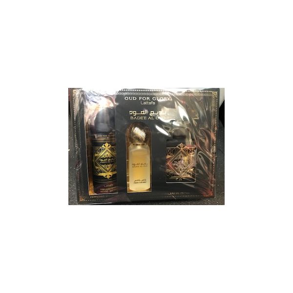 Lattafa Badee Glory 3.4oz Edp+200ml Deo+50ml Hairmist